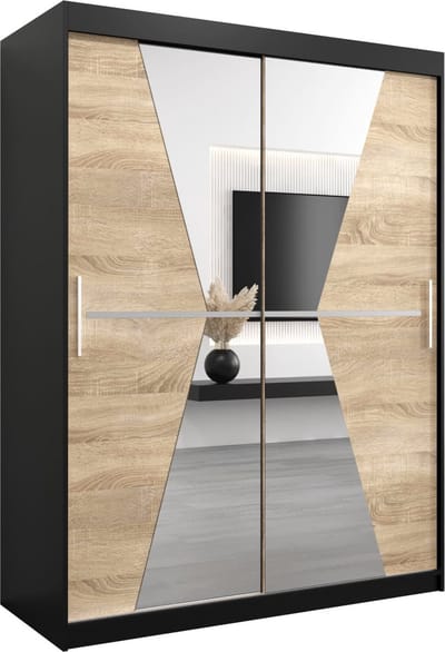 InspireMe - Kledingkast met 2 schuifdeuren, Modern-stijl, Een kledingkast met planken en een spiegel (BxHxD): 150x200x62 - TOTO 150 Zwart Mat + Sonoma Eik