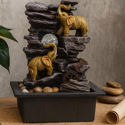 Tafelwaterornament - 35 cm - Olifanten, kristallen bol en waterrad