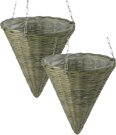Vd Leeden Hangmand Rotan – D30 x H35 cm - 2x - gevlochten wilg - hangende plantenbak met ketting – Puntmand – Handgevlochten in Indonesië