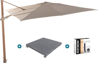 4-Seasons zweefparasol Siesta Premium 300 x 300 - Woodlook/Sand met voet en hoes