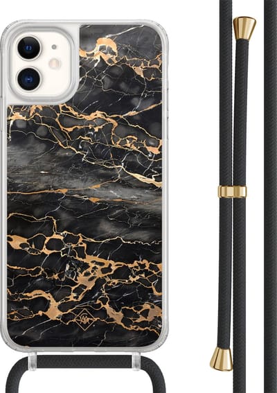 Casimoda® hoesje met zwart koord - Geschikt voor iPhone 11 - Marmer Grijs Brons - Afneembaar koord - TPU/acryl - Zwart