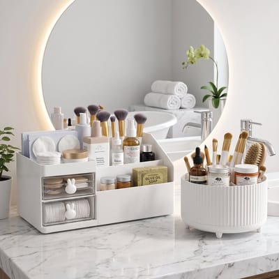 INDECOR 2-Delige Luxe Make-up Organizer Set – Cosmetica Opberger met Lades & Compartimenten – Skincare, Parfum & Nagellak Houder – Wit