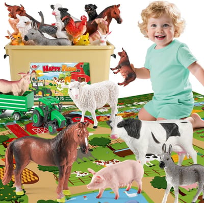 Dailygoods- Boerderijdieren Speelgoed met 120 x 80 cm Speelmat - 38 Stuks Dierenfiguren - Tractor Speelgoed - Educatief Speelgoed - Boerderij Gereedschap - Opbergdoos