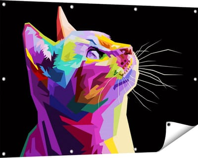 Gards Tuinposter Kleurrijke Kat Kijkt naar Boven - Abstract - 120x80 cm - Tuindoek - Tuindecoratie - Wanddecoratie buiten - Tuinschilderij