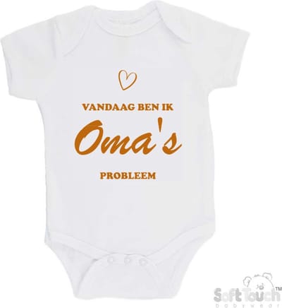 100% katoenen Romper "Vandaag ben ik oma's probleem" Unisex Katoen Wit/tan Maat 56/62
