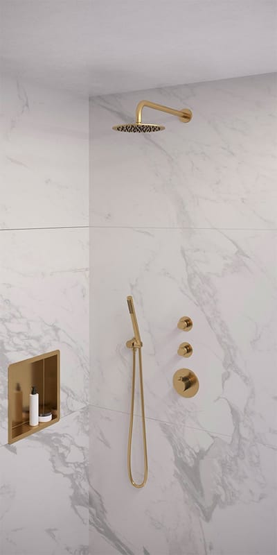 Brauer Gold Edition thermostatische inbouw regendouche SET 03 met 20 cm douchekop en gebogen muurarm en staaf handdouche en doucheslang en wandaansluitbocht goud geborsteld PVD