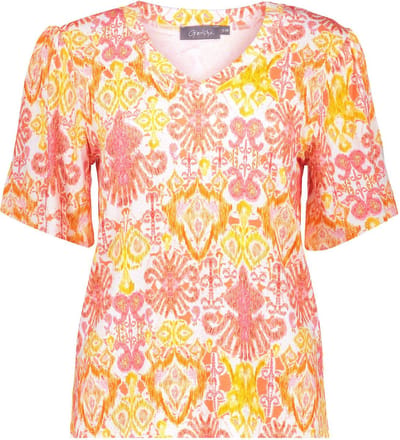 GEISHA - Rode t-shirt met gele print - Maat XS - Vrouwen - Meerkleurig - Viscose