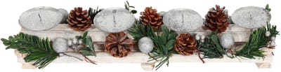 Advent arrangement MCW-M12 met kaarsenhouders, adventskrans kerstdecoratie hout zilver wit 18x49x13cm ~ zonder kaarsen
