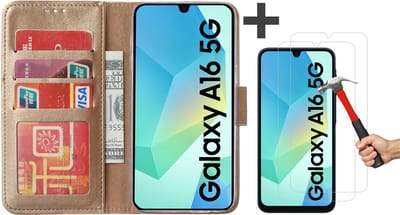 Hoesje met Screenprotectors Geschikt voor Samsung Galaxy A16 (5G/4G) – Arara bookcase met pasjeshouder - Goud - 2 Stuks