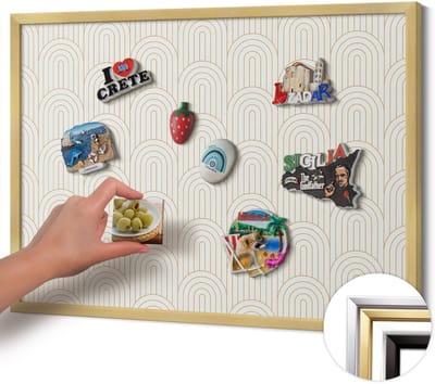 Wallfluent - Romig Magneetbord Met Decoratieve Patronen - 70 cm x 50 cm - Magneetbord met Gouden Frame - Lineaire regelmatige bogen - Magnetisch Bord voor aan de Wand - Magnetisch Bord Decoratief - Magneetbord met Effen Frame