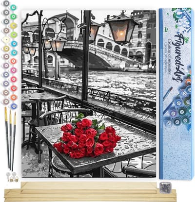 Figured'Art Schilderen op Nummer Volwassenen canvas Terras en rozenboeket - Handwerk acrylverf Kit DIY Compleet - 40x50cm met DIY houten lijst