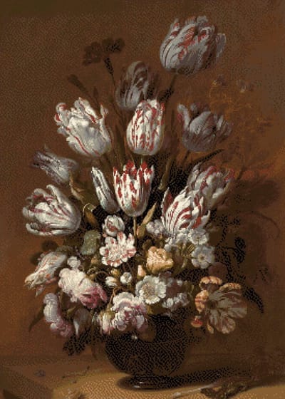 MyHobby Borduurpakket – Stilleven met bloemen (Bollongier) 50×70 cm - Aida borduurstof 5,5 kruisjes/cm (14 count) - Telpatroon - Borduurgaren - Borduurnaald - Handleiding - Voor Beginners & Gevorderden - Complete borduurset
