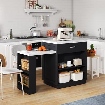 STILVORA Keukeneiland - Uitschuifbare Eettafel Voor 2 Tot 6 Personen - Met Stopcontact En Opbergruimte - MDF - Zwart - 211x55x89,5 Cm