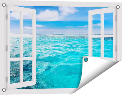 Gards Tuinposter Doorkijk Blauwe Caribische Zee Water - 60x40 cm - Tuindoek - Tuindecoratie - Wanddecoratie buiten - Tuinschilderij