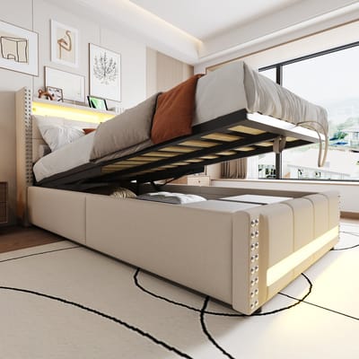 DESMIU Gestoffeerd Bed 90x200cm - Kinder Eenpersoonsbed Met Ledverlichting En USB - Hoofdbord Met Planken En Opbergruimte - Modern Linnen - Beige - Zonder Matras