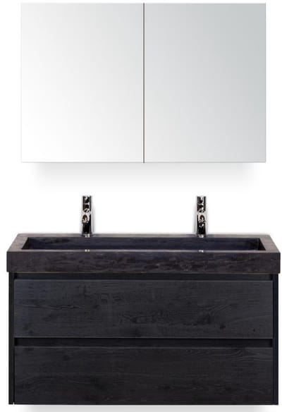 Dante Badmeubelset 100 cm - Black Oak - Wastafel Hardsteen Wit Lucca 2 Kraangaten met Spiegelkast