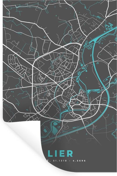 Muurstickers - Sticker Folie - Plattegrond – Lier – Blauw – Stadskaart - Kaart - België - 20x30 cm - Plakfolie - Muurstickers Kinderkamer - Zelfklevend Behang - Zelfklevend behangpapier - Stickerfolie