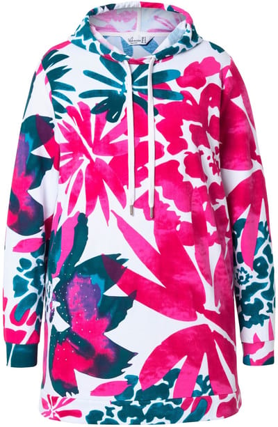 MIAMODA - Dames - Hoodie bloemenpatroon capuchon lange mouwen - Donkerpetrol - Maat 44