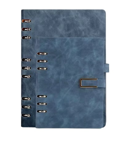 A5 Notitieboek Losbladig, Zakelijk Leren Omslag, Verwijderbare Metaalklem, 100 Bladen, Kantoor, Studie en Bullet Journal - Blauw