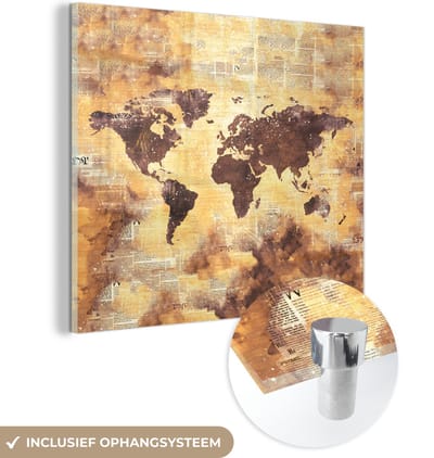 ® Glasschilderij 90x90 cm - Schilderij acrylglas - Wereldkaart - Stippen - Kleuren - Foto op glas - Muurdecoratie woonkamer - Wanddecoratie slaapkamer - Schilderijen