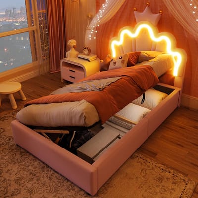 YEHTOKHOME Gestoffeerd bed 90 x 200 cm - Prinsessenbed Eenpersoonsbed met hydraulische opbergruimte - LED-verlichting - Verstelbaar hoofdeinde in kroonvorm - PU - roze