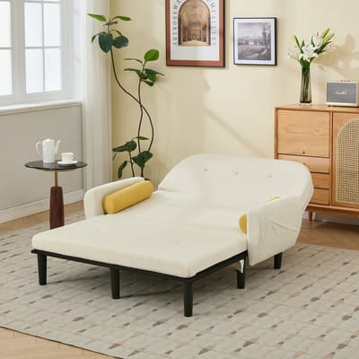 MODFU Multiform Sofa – Verstelbare rugleuning – Omvormbaar tot loungestoel en bed – Ribfluweel – Incl. 2 ronde kussens – Slaapbank – Ivoor