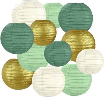 Thijox - 12 Stuks Papieren Lantaarns - Hangende Ronde Lampenkappen 15, 20, 25 cm - Decoratieve Lampions in Goud, Ivoor, Saliegroen voor Feesten, Bruil