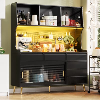 MIVRAY Hoge Kast - Met Schuifdeuren En Ledverlichting - Voor Woonkamer Of Keuken - MDF En Glas - 145x39x171 Cm - Zwart