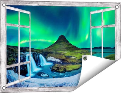 Gards Tuinposter Doorkijk Noorderlicht bij de Watervallen in IJsland - 60x40 cm - Tuindoek - Tuindecoratie - Wanddecoratie buiten - Tuinschilderij