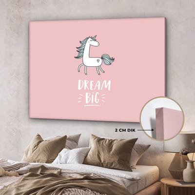 Kinderkamer decoratie - Schilderij voor kinderen - Dream big - Eenhoorn - Roze - Quotes - Tekst - Muurdecoratie kinderkamer - Canvas kind - 160x120 cm