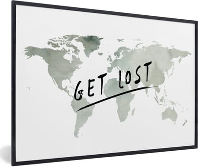 Poster in lijst - Fotolijst 90x60 cm - Posters - Wereldkaart - Quote - Grijs - Posterlijst zwart - Decoratie - Wanddecoratie woonkamer - Muurdecoratie slaapkamer