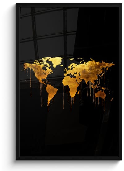 Poster in lijst - Fotolijst 60x90 cm - Posters - Wereldkaart - Goud - Druipen - Zwart - Posterlijst zwart - Decoratie - Wanddecoratie woonkamer - Muurdecoratie slaapkamer