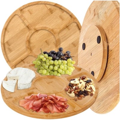 MOZY® - Bamboe Serveerplank - Roterend - met 5 Compartimenten - ø 33 cm - Antislip - Draaibare Hapjesplank - Borrelplank - Ronde Serveerplank - Tapasschaal