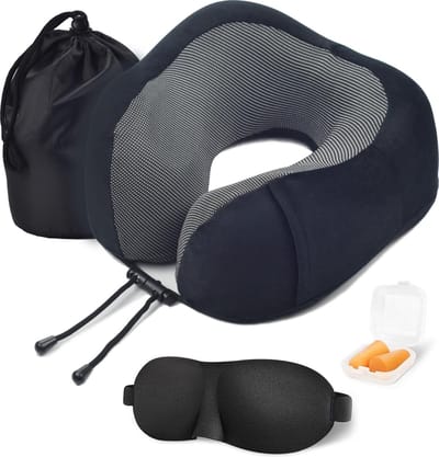 SUNMOOL Nekkussen Vliegtuig - Memory Foam Nekkussen Inclusief Slaapmasker & Oordopjes - Reiskussen - Vliegtuig Kussen - Travel Pillow : Zwart