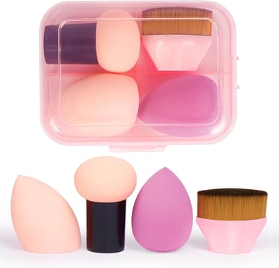 Professionele Make-up Spons Set met Opbergdoos - 2 Make-up Sponges, 1 Paddenstoel Poeder Puff en 1 Foundation Kwast voor Droog en Nat Gebruik met Crème en Vloeistof