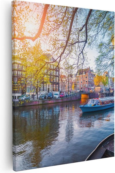 Artaza Canvas Schilderij Grachtenboot Amsterdam - 40x50 cm - Wanddecoratie Herfst - Muurdecoratie Stad - Kamer Accessoires