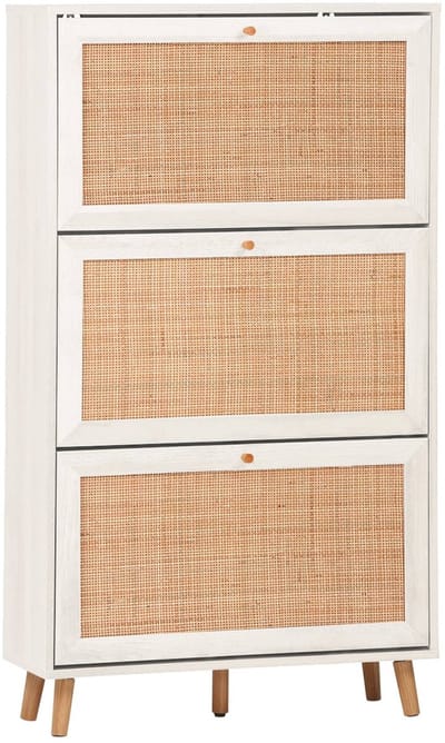 sweeek - Schoenenkast met 3 kleplades houtdecor en rotan 75cm - bohème