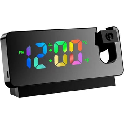 Réveil de Projection, horloge numérique avec projecteur rotatif à 180 degrés, grand écran LED clair et coloré noir