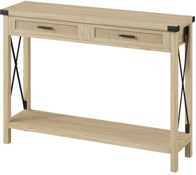 Smalle Consoletafel 2-Laags - Met Rattan Lades - Farmhouse Stijl - Naturel/Bruin