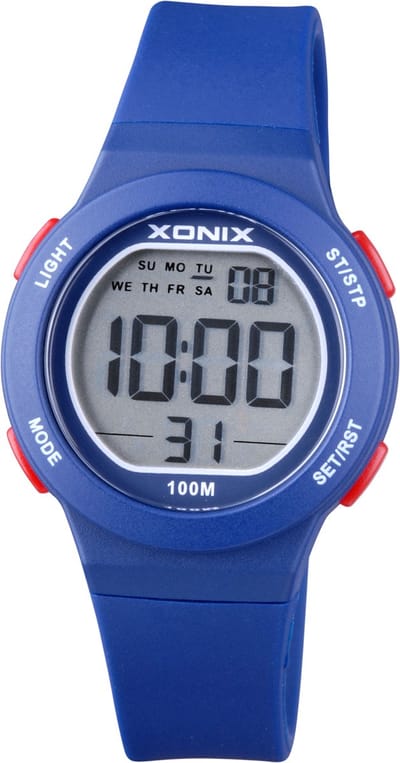 Xonix BBE-006 - Horloge - Digitaal - Rond - Kinderen - Unisex - Siliconen band - ABS - Cijfers - Achtergrondverlichting - Datumaanduiding Alarm - Start-Stop - Chronograaf - Tweede tijdzone - DonkerBlauw - Rood - Waterdicht - 10 ATM