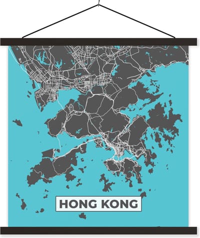 Posterhanger incl. Poster 60x60 cm - Schoolplaat - Hong Kong - Blauw - Kaart - Plattegrond - Stadskaart - Textielposter - Zwarte latten - Stadskaart