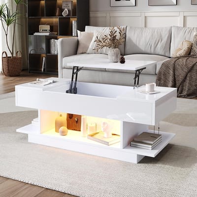 BLACKCOLORS Opklapbare salontafel 98*45*40 cm met opklapbaar blad, in hoogte verstelbare salontafel, salontafel met 2 opklapbare kasten, salontafel met halfopen opbergruimte, glanzende salontafel met LED, wit