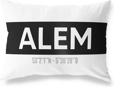 Tuinkussen ALEM - GELDERLAND met coördinaten - Buitenkussen - Bootkussen - Weerbestendig - Jouw Plaats - Studio216 - Modern - Zwart-Wit - 50x30cm