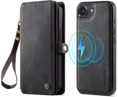 CaseMania Bookcase hoesje geschikt voor iPhone 17e/16e - Effen Zwart - Kunstleer - XXL Bergruimte - Portemonnee met 10 Vakjes voor Pasjes