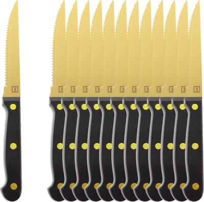OTIX Steakmessen - Set van 12 Stuks - Vleesmessen - Goud - Zwart - Vaatwasserbestendig - Steakmessenset - RVS