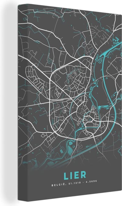 Canvas Schilderij Plattegrond – Lier – Blauw – Stadskaart - Kaart - België - 20x30 cm - Wanddecoratie