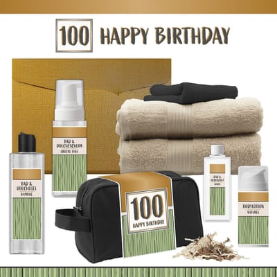 Geschenkset “100 Happy Birthday” - 8 producten - 1140 gram | Luxe wellness Cadeaubox voor Hem Giftset Feestje Verjaardag Honderd jaar Cadeau Pakket Douche Gefeliciteerd Verjaardagscadeau Man Gift Set Party Hundred Years Hartje Goud Groen Beige