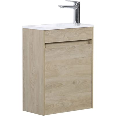 Badplaats Toiletmeubel Sinta 40 x 22 cm – Kastanje Eiken – Fonteinmeubel met Witte Wastafel