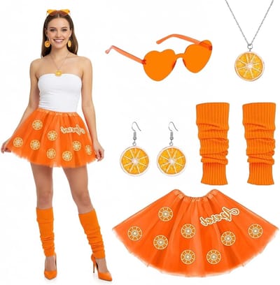 Carnaval Kostuum voor Vrouwen met Oranje Tulle Rok, Oorbellen, Ketting en Zonnebril voor Feestelijke Gelegenheden