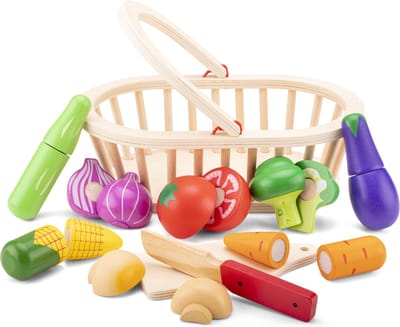 Woet® Houten Groentemandje Speelset - Snijbaar Groente in Mand met Snijplank - Educatief Speelgoedeten Snijset - Rollenspel Speelgoed - Vanaf 2 Jaar